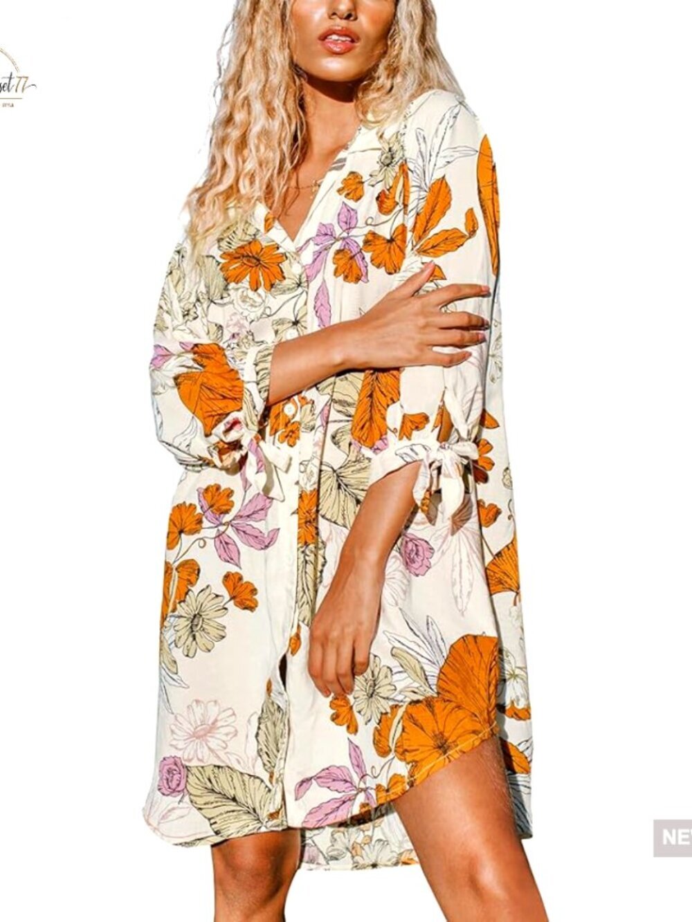 Mini Dress 3/4 Sleeve Button Down Tie Cuff Beach Cover Up